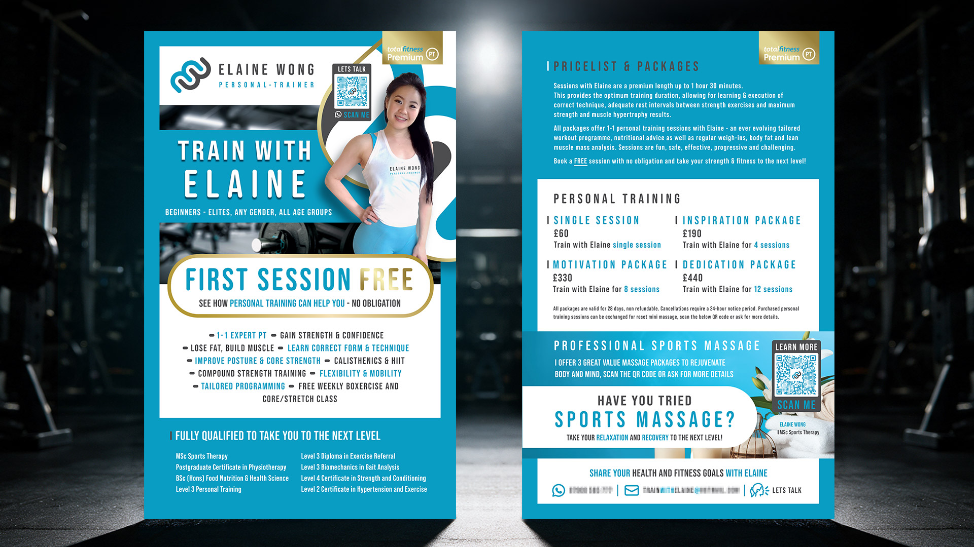 Elaine Wong Personal Trainer promotional flyer, front and back, showing pricing packages and training details