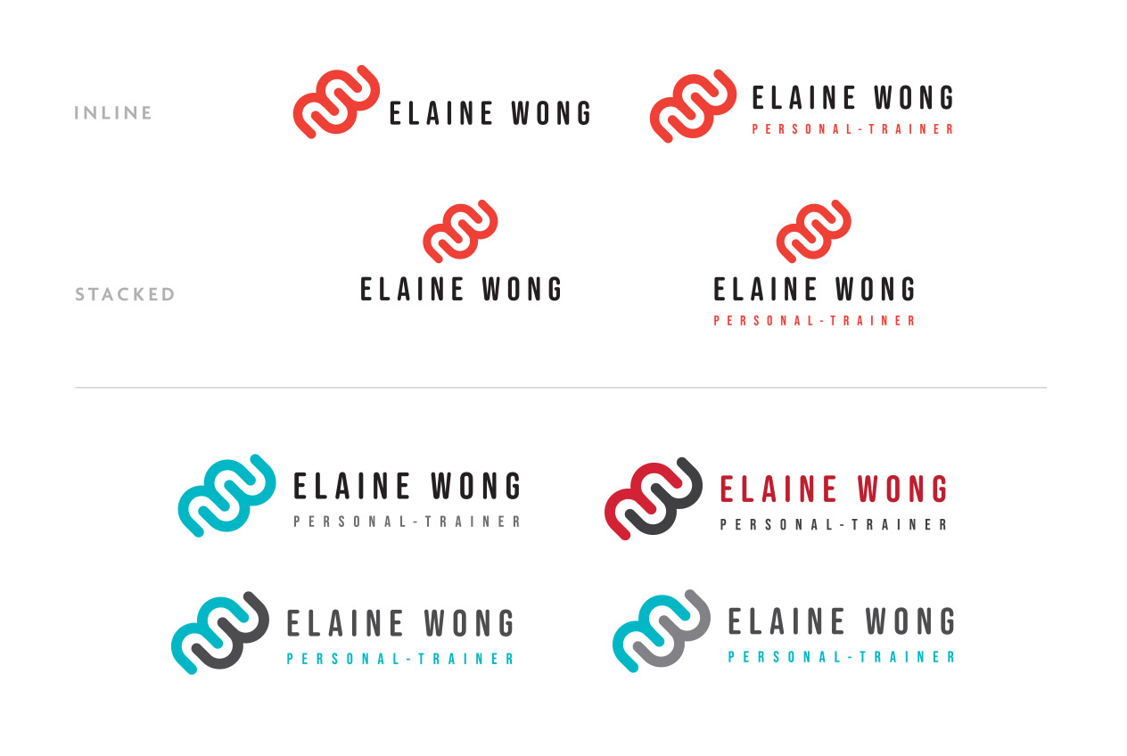Elaine Wong Personal Trainer logo lockups, inline and stacked, in colour variations