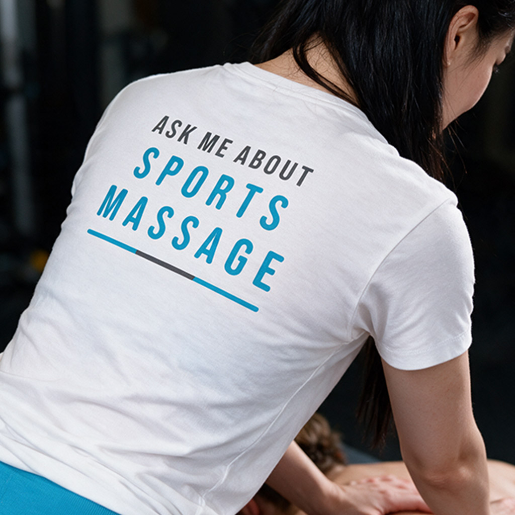 Branded Elaine Wong t-shirt reading Ask me about sports massage
