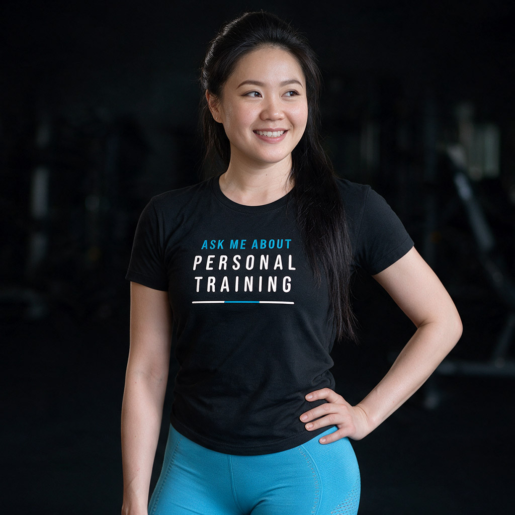 Branded Elaine Wong t-shirt reading Ask me about personal training