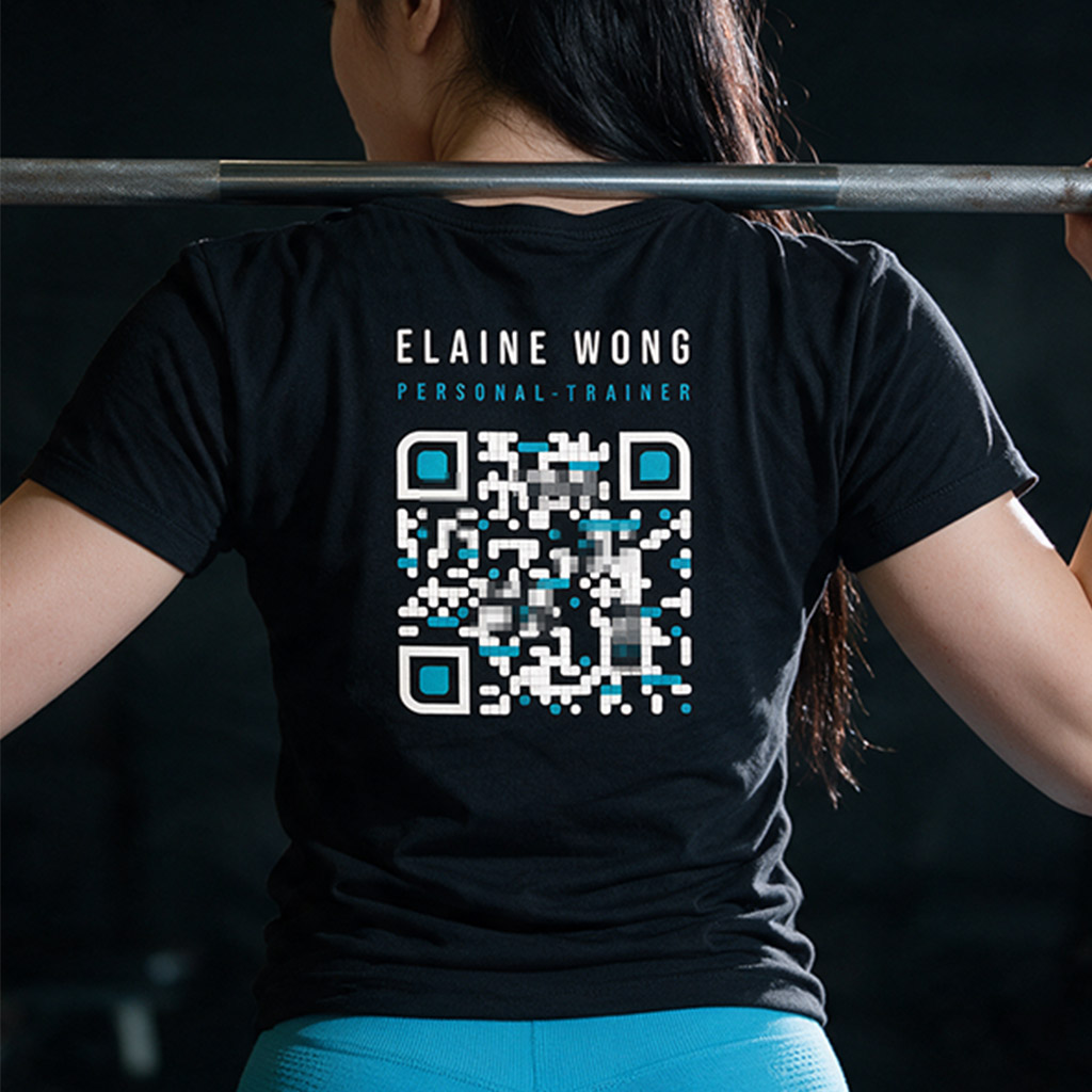 Branded Elaine Wong Personal Trainer t-shirt with QR code, worn while training