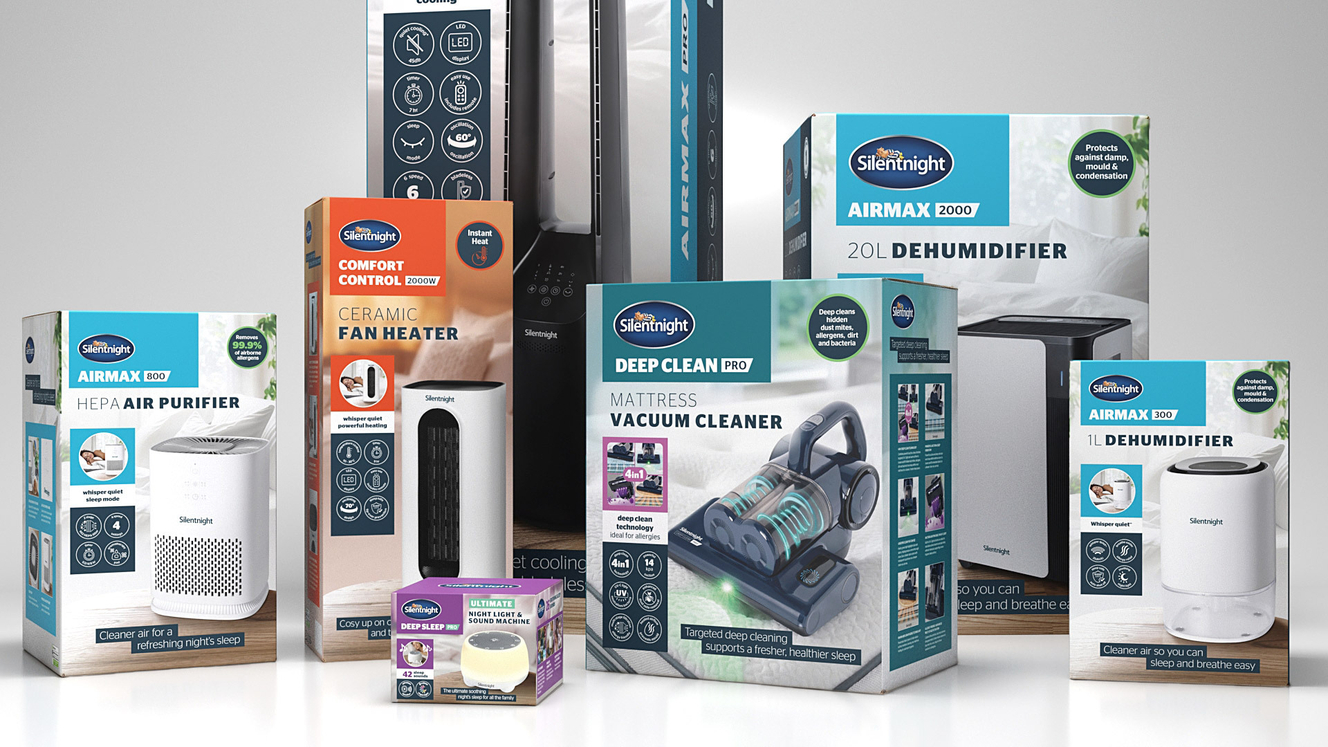 Silentnight Electricals range packaging, full product line-up styled together