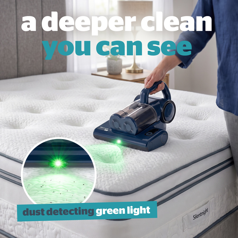 Marketing tile for the mattress vacuum cleaner's dust detecting green light, a deeper clean you can see