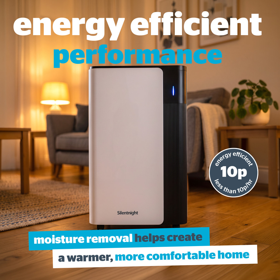 Marketing tile for the dehumidifier's energy efficient performance, moisture removal for a warmer home