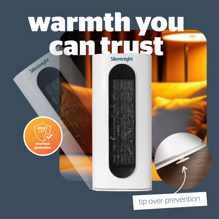 Marketing tile for the heater's tip over prevention and overheat protection, warmth you can trust