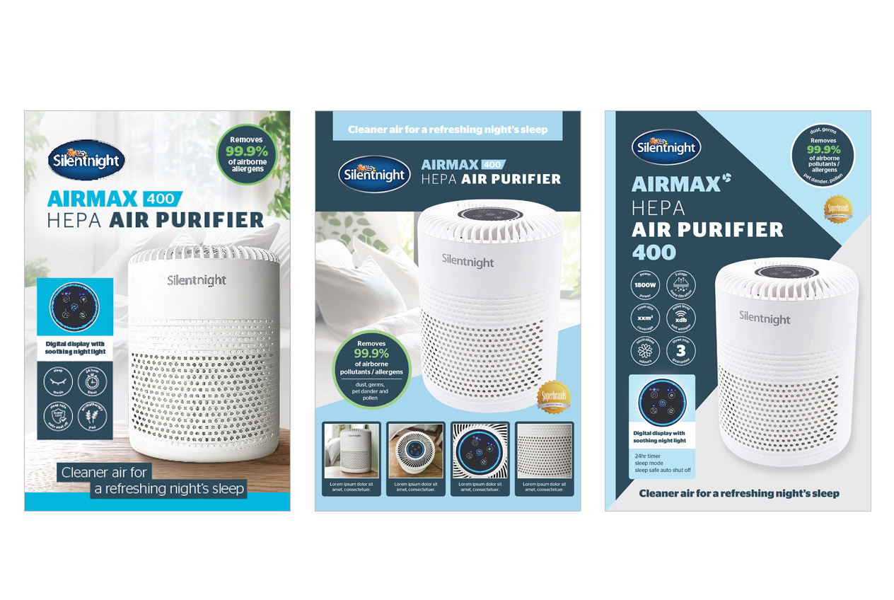 Silentnight Airmax 400 HEPA air purifier packaging design concepts, three variations