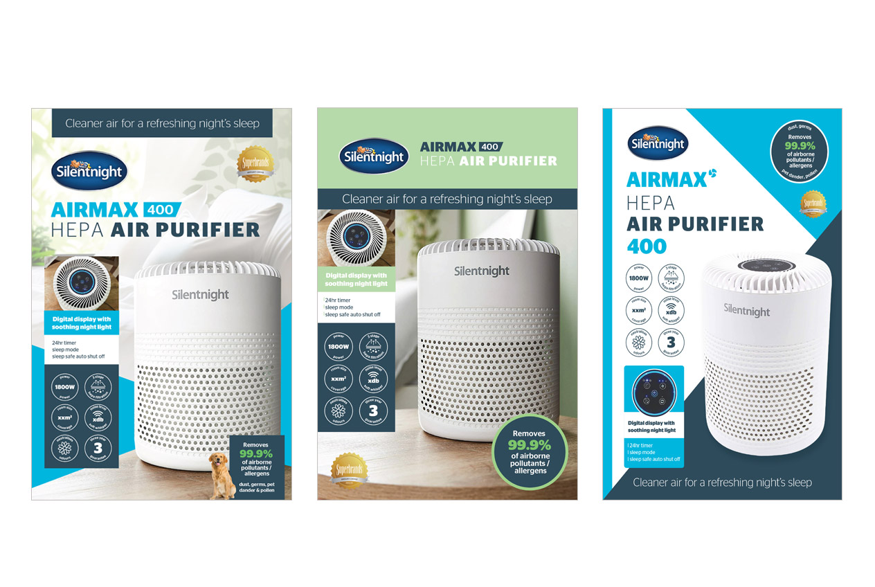 Silentnight Airmax 400 HEPA air purifier packaging design concepts, three further variations
