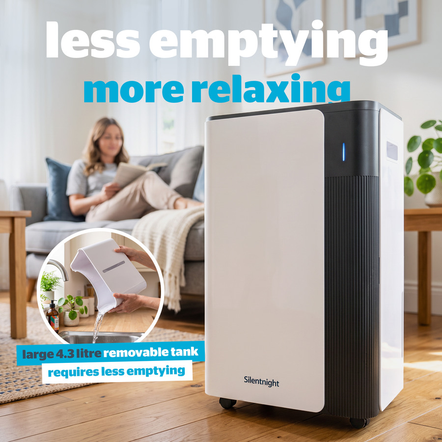 Marketing tile for the dehumidifier's large removable tank, less emptying more relaxing