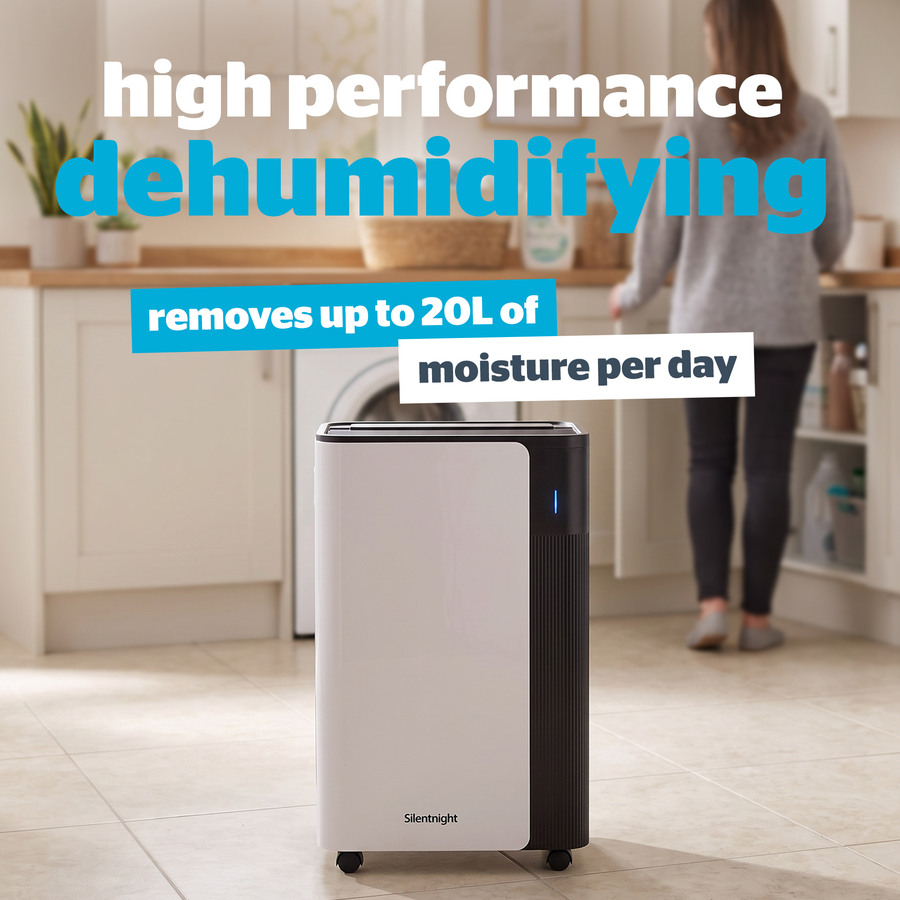 Marketing tile for the dehumidifier, high performance dehumidifying removing up to 20 litres of moisture per day