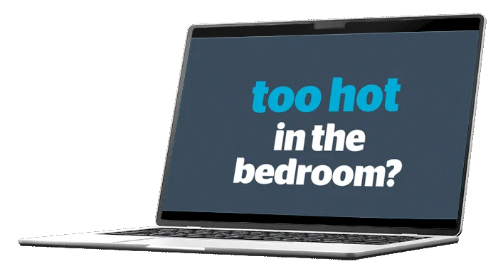 Laptop mockup animation showing a 'too hot in the bedroom?' social ad