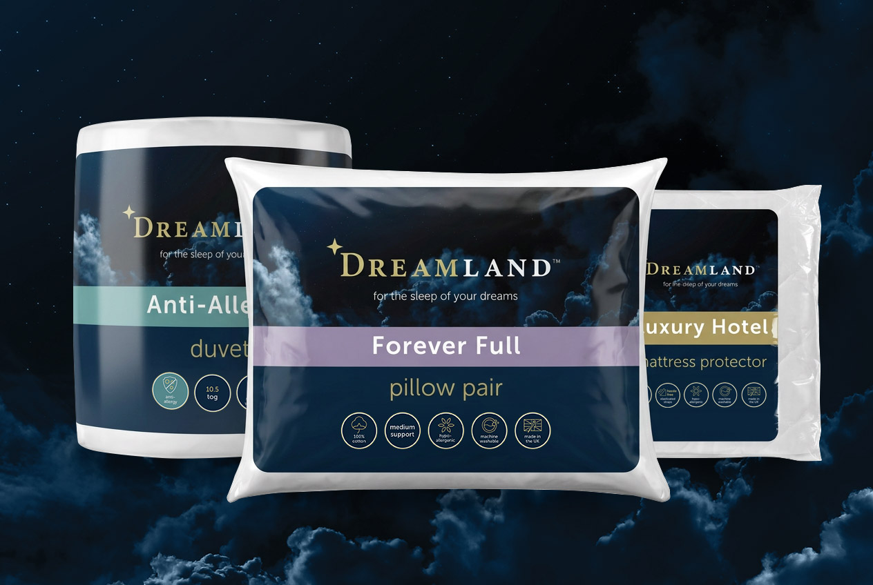 Dreamland bedding packaging on a dark night-sky background: an anti-allergy duvet pack, a Forever Full pillow pair and a Luxury Hotel mattress protector