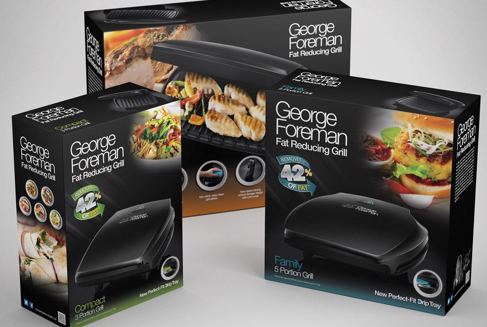 George Foreman Fat Reducing Grill packaging: Compact, standard and Family 5 portion grill boxes