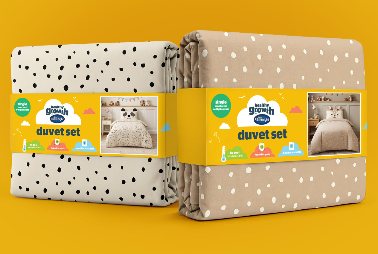 Silentnight Healthy Growth children's duvet sets in panda and bunny prints on a yellow background