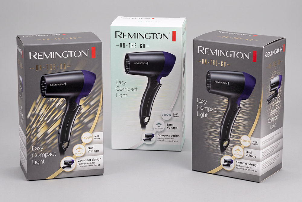 Remington On-the-Go compact hair dryer packaging shown in three colourways