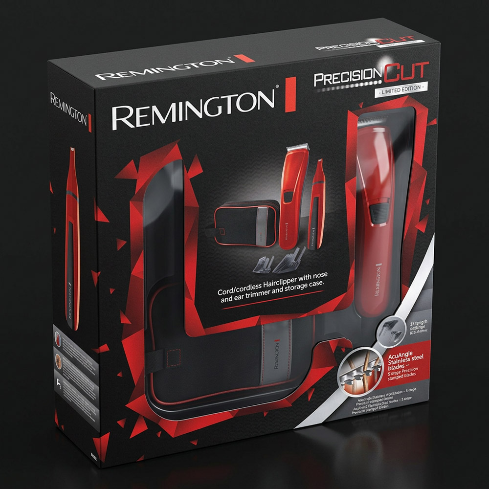 Remington Precision Cut limited edition hair clipper, trimmer and case gift set packaging on a black background