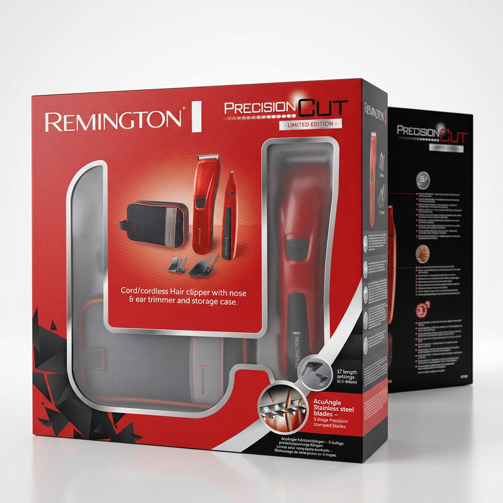 Remington Precision Cut limited edition hair clipper, trimmer and case gift set packaging in red on a light background