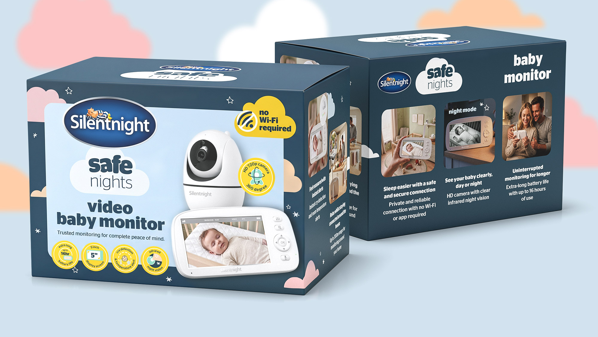 Silentnight Safe Nights video baby monitor packaging, front and back of the box