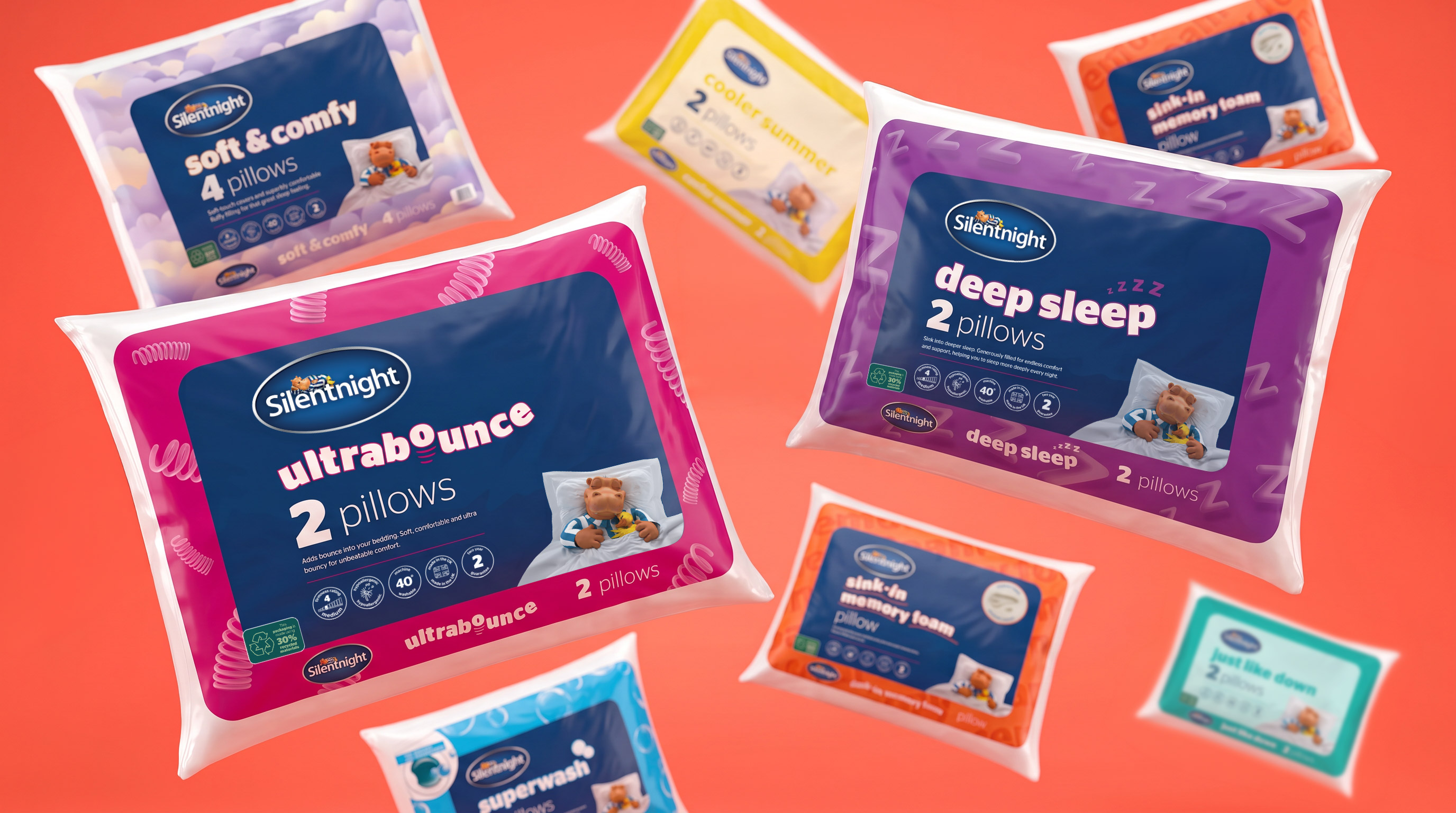 Silentnight everyday value pillow range packaging on a red background: Soft & Comfy, Ultrabounce, Deep Sleep, Cooler Summer, Sink-in Memory Foam, Superwash and Just Like Down pillows