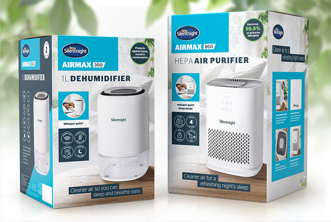 Silentnight Airmax electricals packaging: 300 dehumidifier and 800 HEPA air purifier boxes