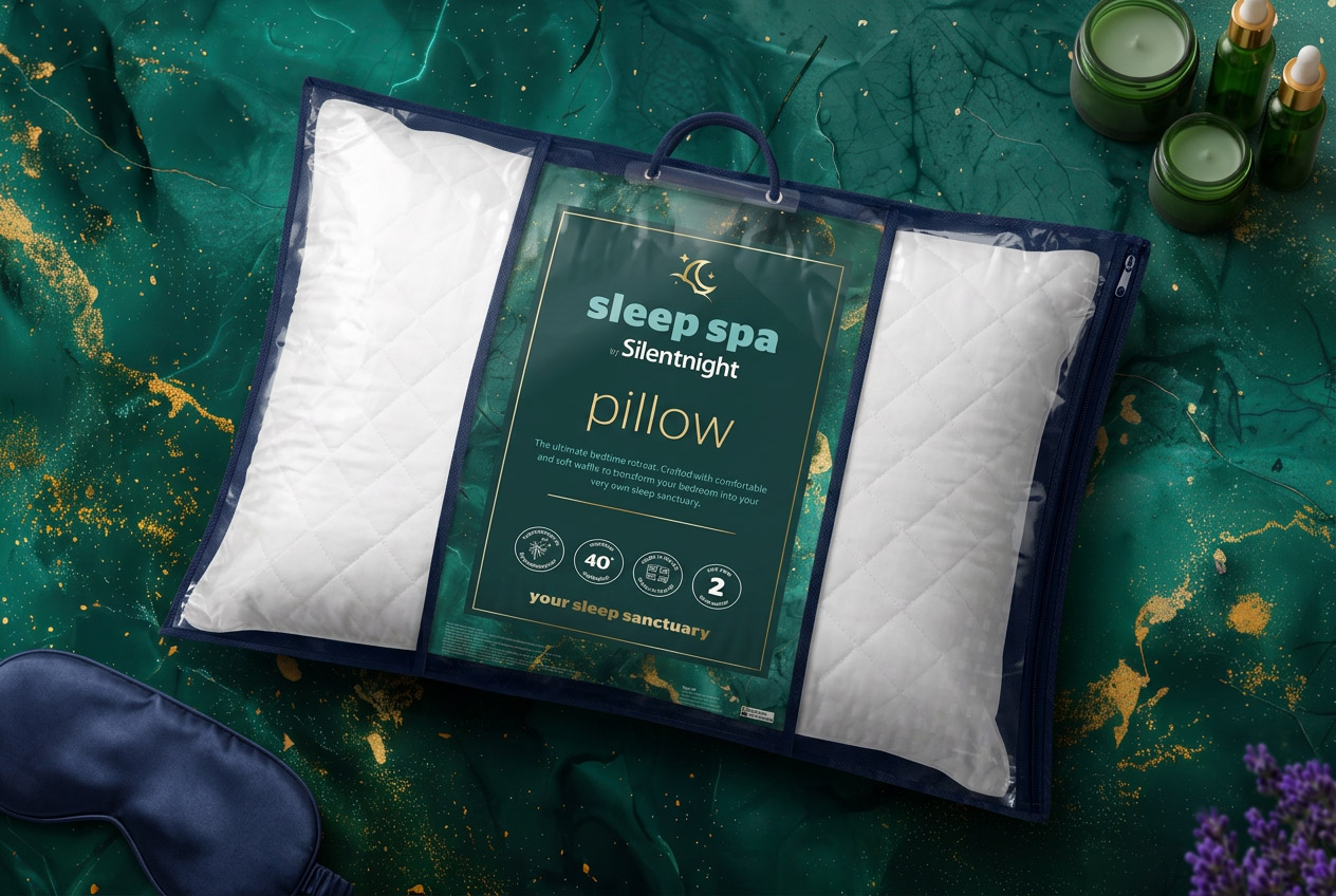 Silentnight Sleep Spa pillow packaging on a dark green marbled background with a candle, oils, an eye mask and lavender