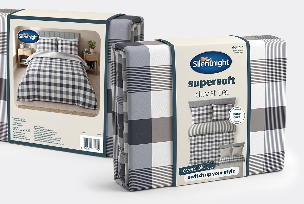 Silentnight Supersoft check duvet set packaging: bedroom lifestyle shot and the folded duvet set pack