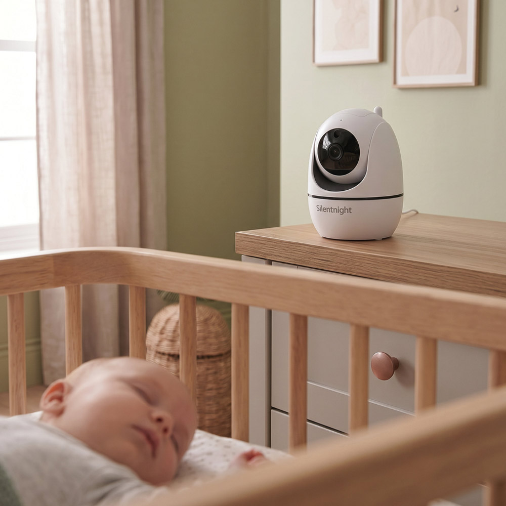 Baby monitor product photography, styled on a wooden surface
