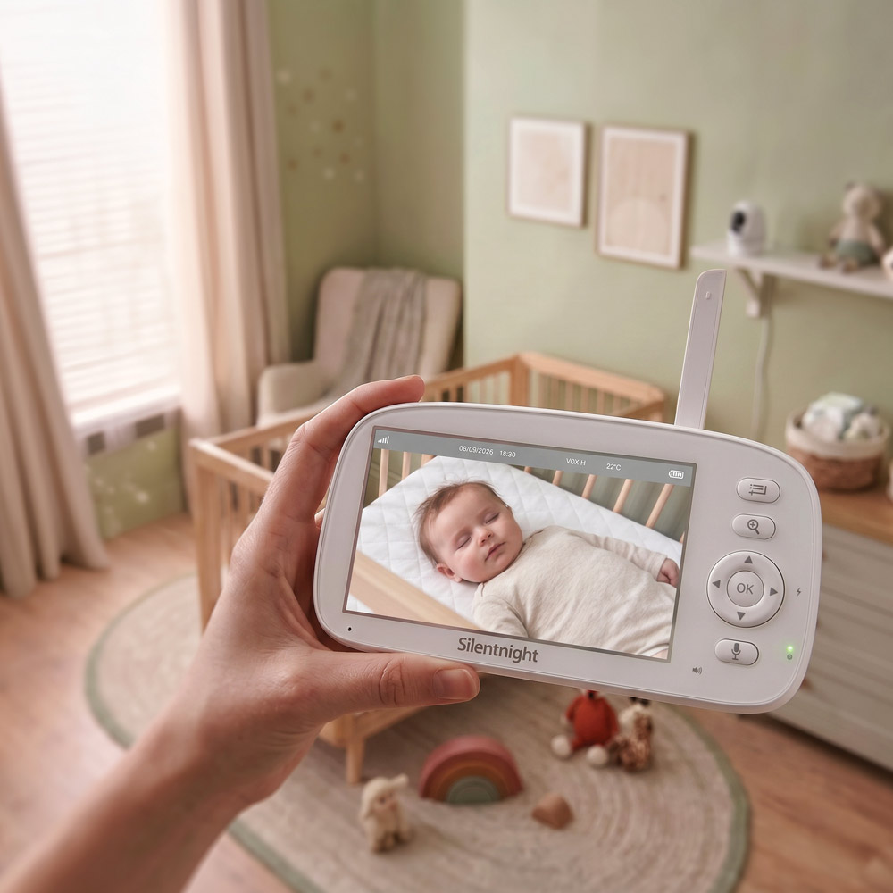 Baby monitor camera product photography, styled in a nursery