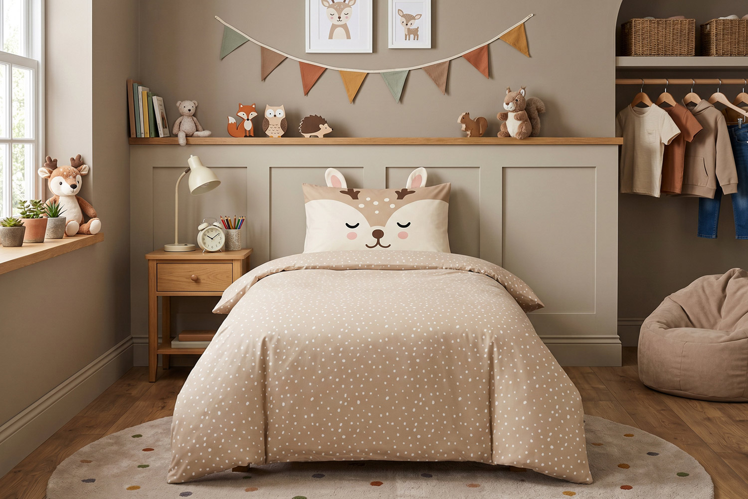Deer print children's duvet cover set, styled in a kids bedroom