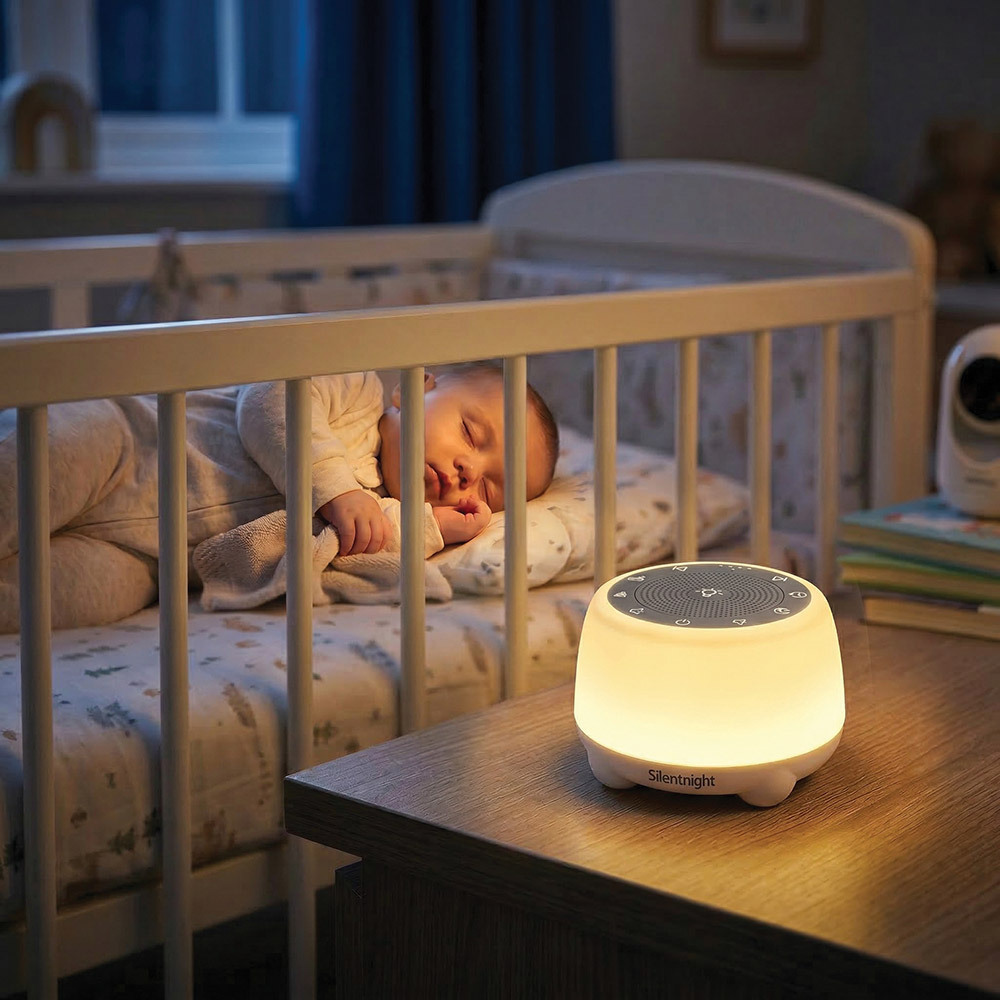 Baby sound and light machine product photography, lifestyle shot in a nursery