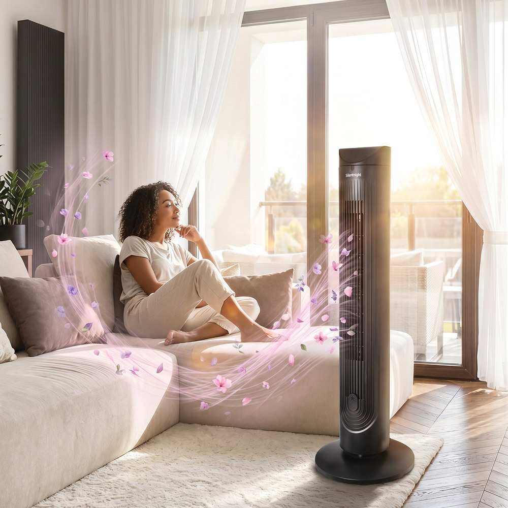 Tower fan product photography, lifestyle shot in a living room