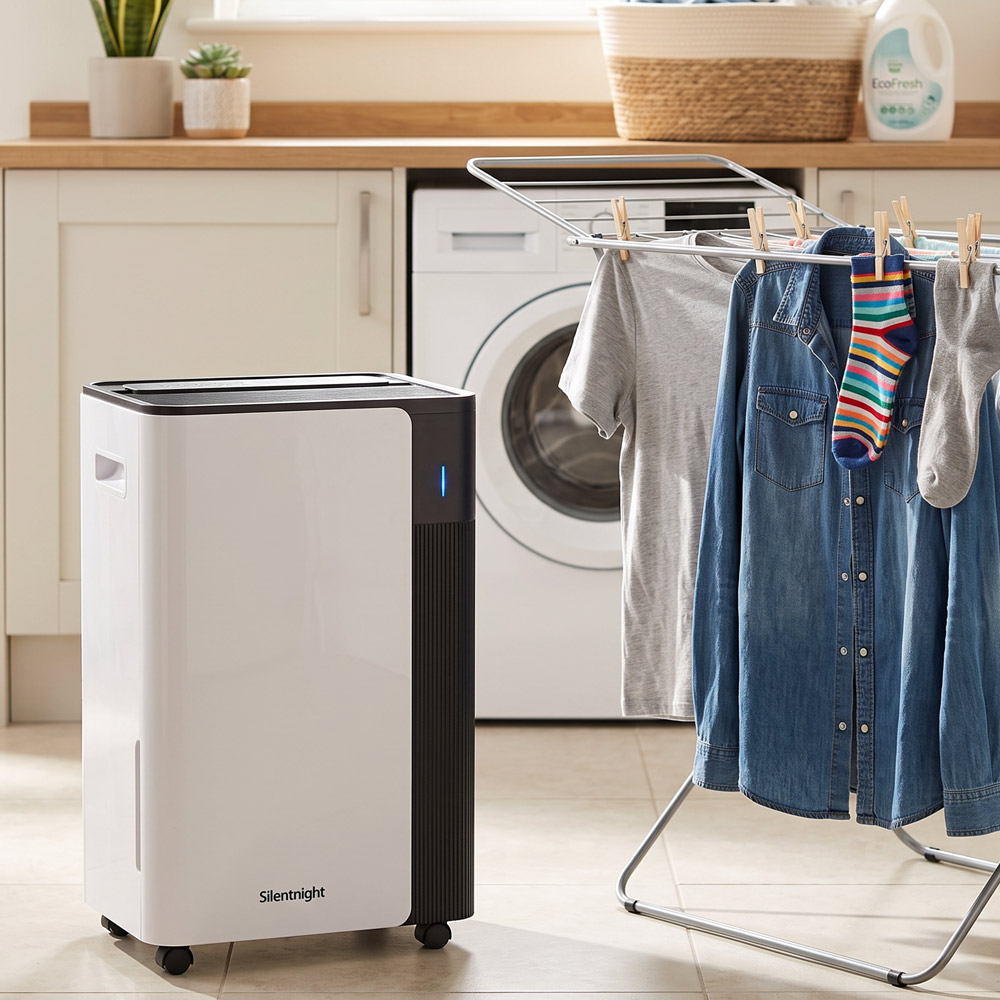 Dehumidifier product photography, lifestyle shot in a living room