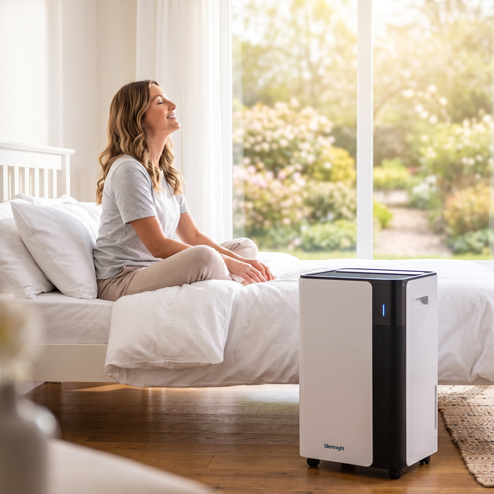 Dehumidifier product photography, lifestyle shot in a utility room