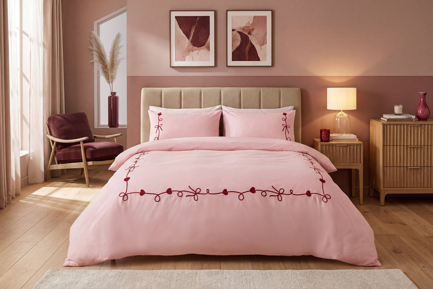 Hearts embroidered duvet cover set, styled in a bedroom
