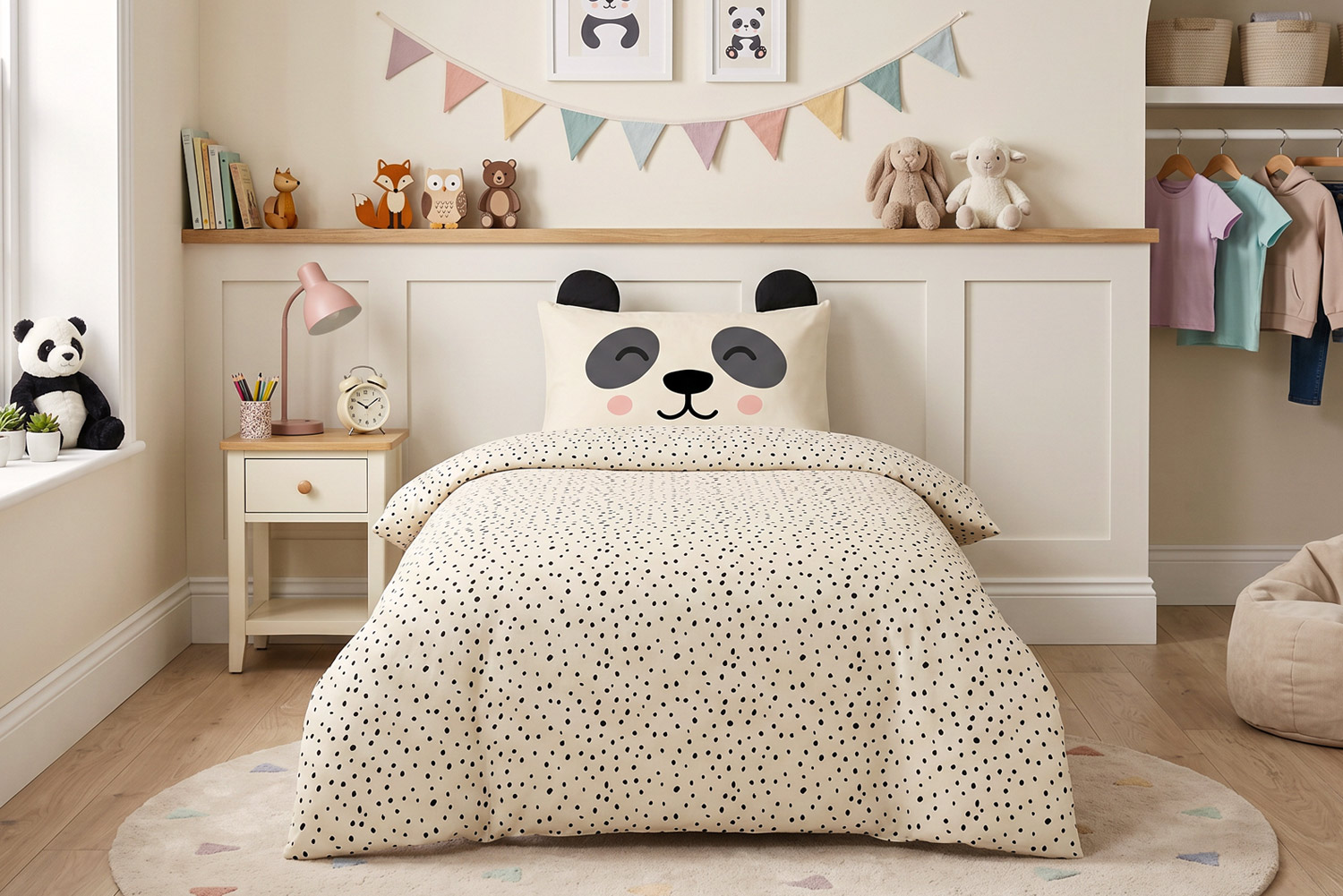 Panda print children's duvet cover set, styled in a kids bedroom