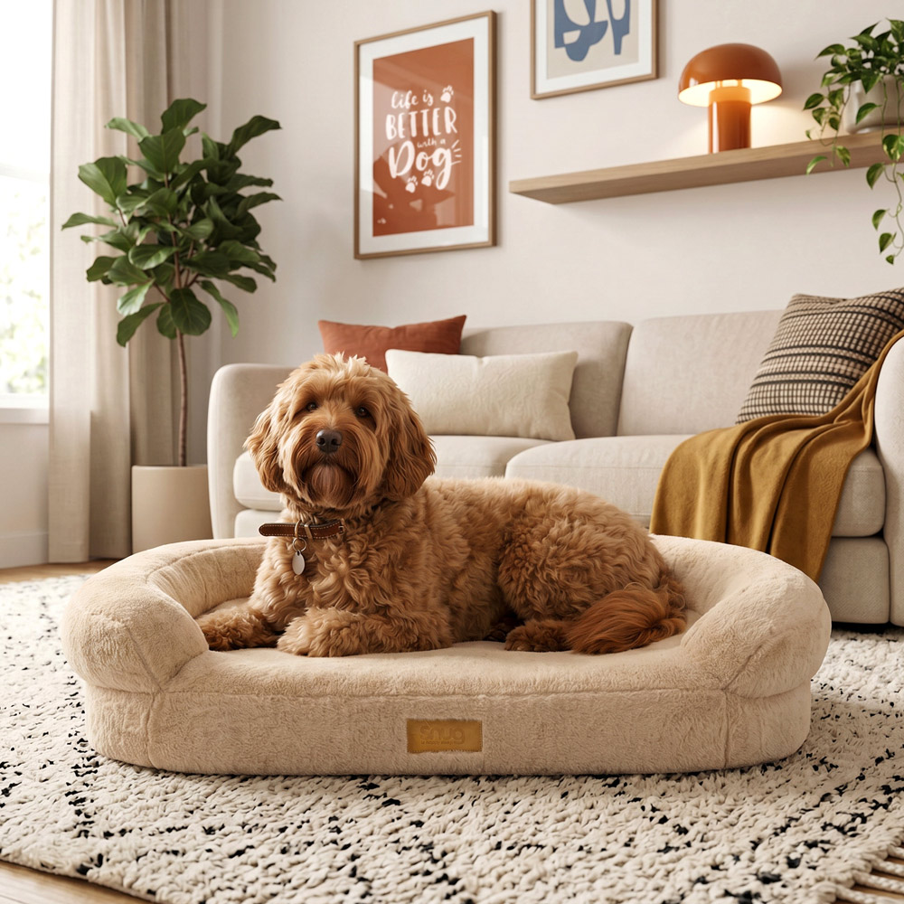 Dog bed product photography, styled in a living room
