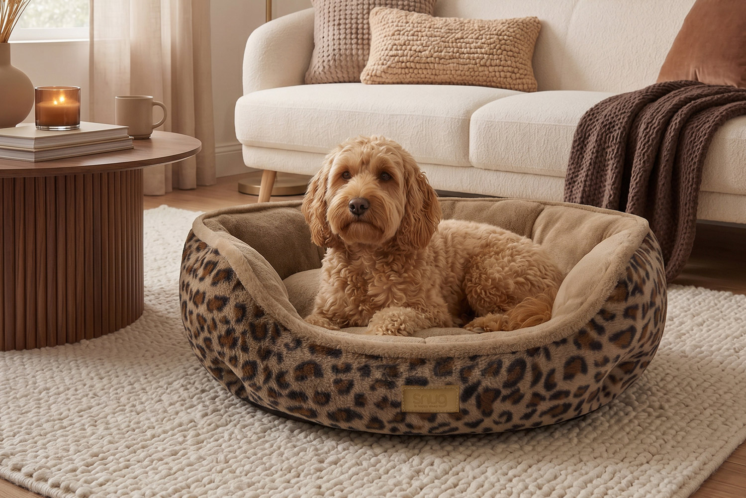 Dog bed product photography, styled in a living room