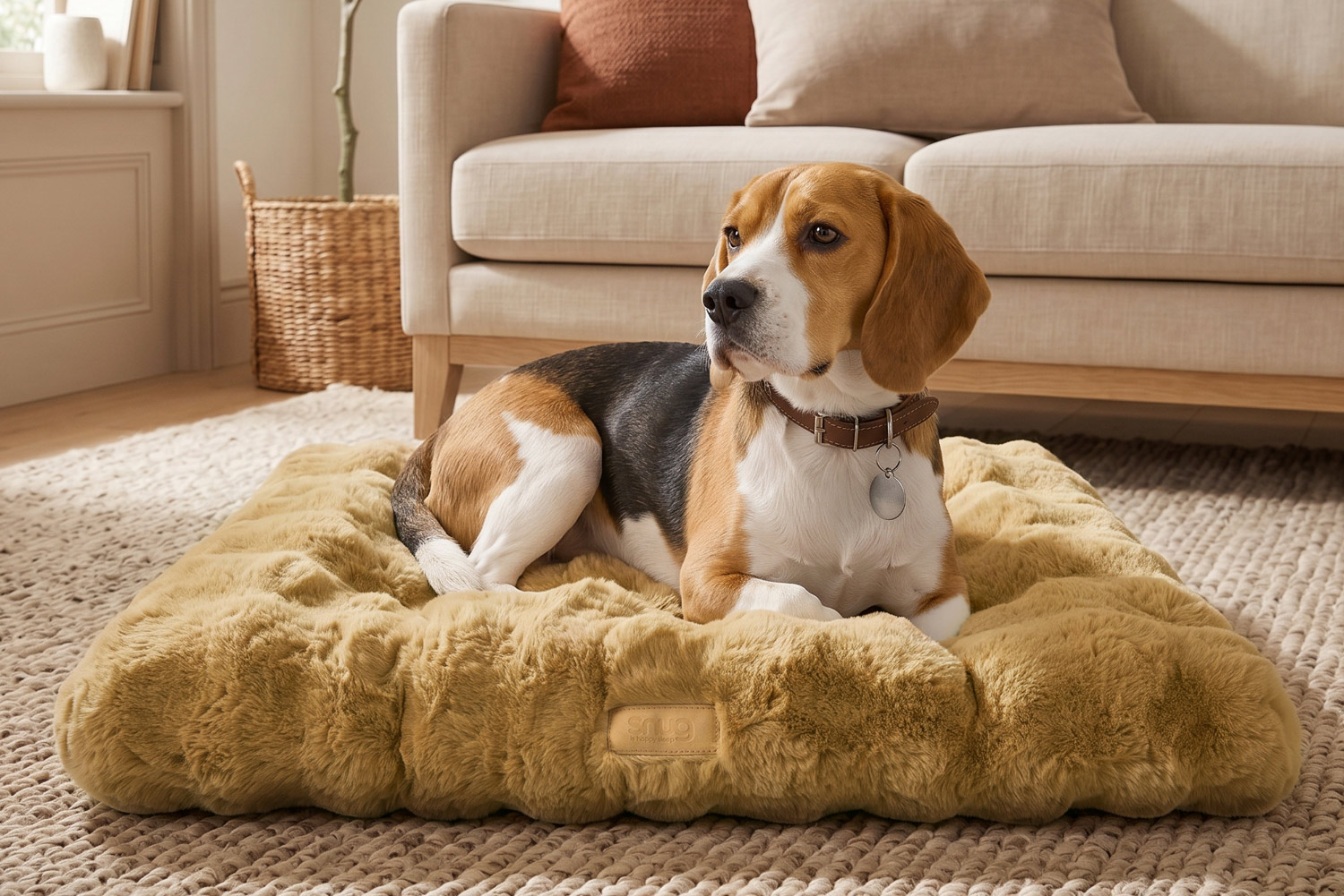 Dog bed product photography, styled in a living room