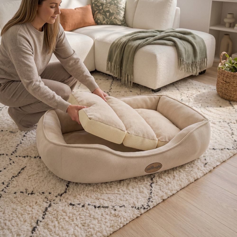 Dog bed product photography, styled in a living room