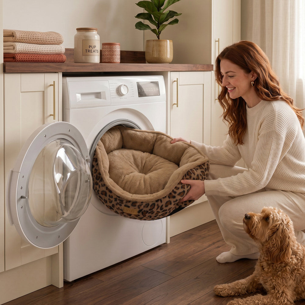 Dog bed product photography, styled in a laundry room