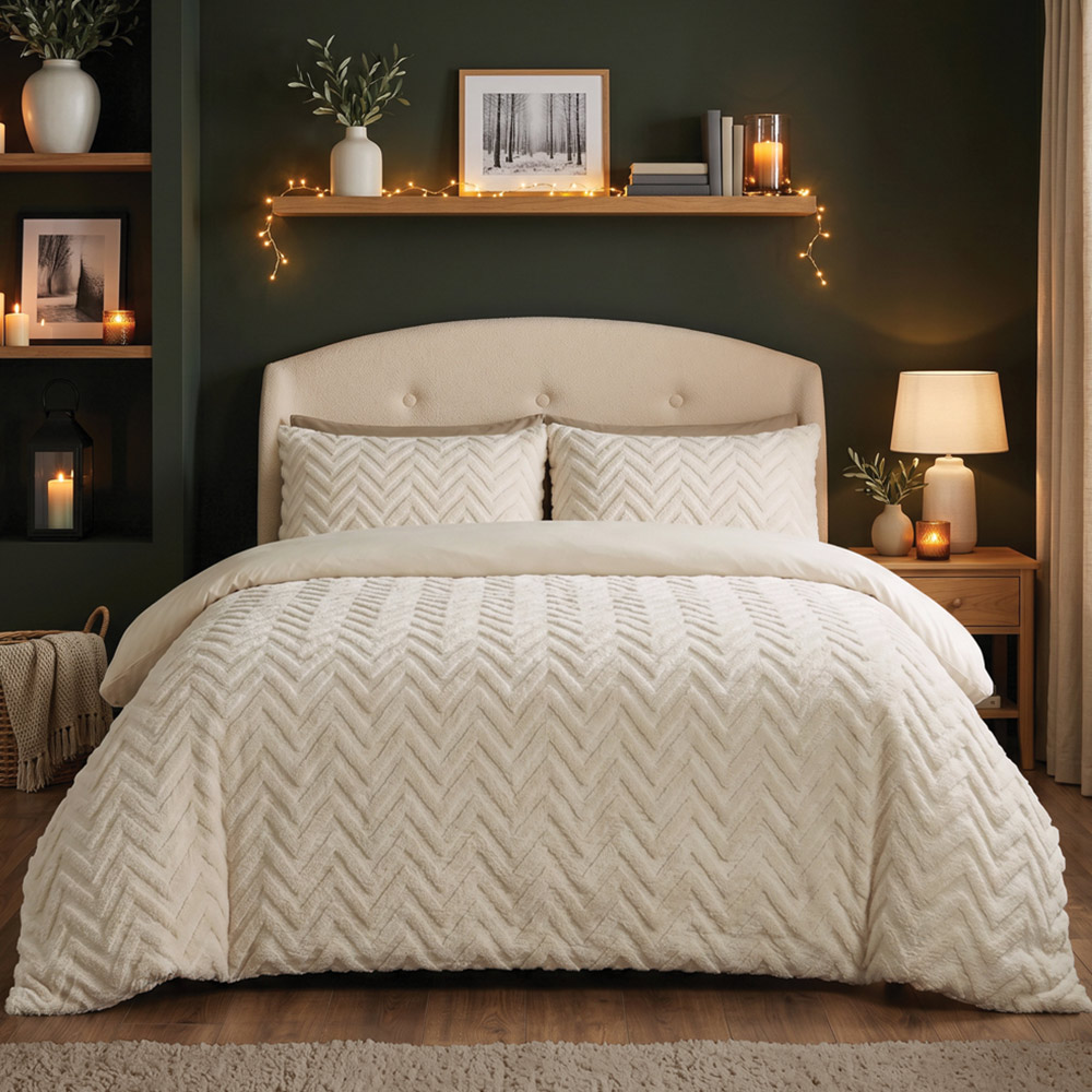 Chevron teddy textured duvet cover set, styled in a bedroom