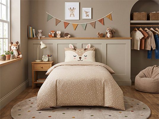 Children's deer-print duvet set product photography, shot in a styled bedroom