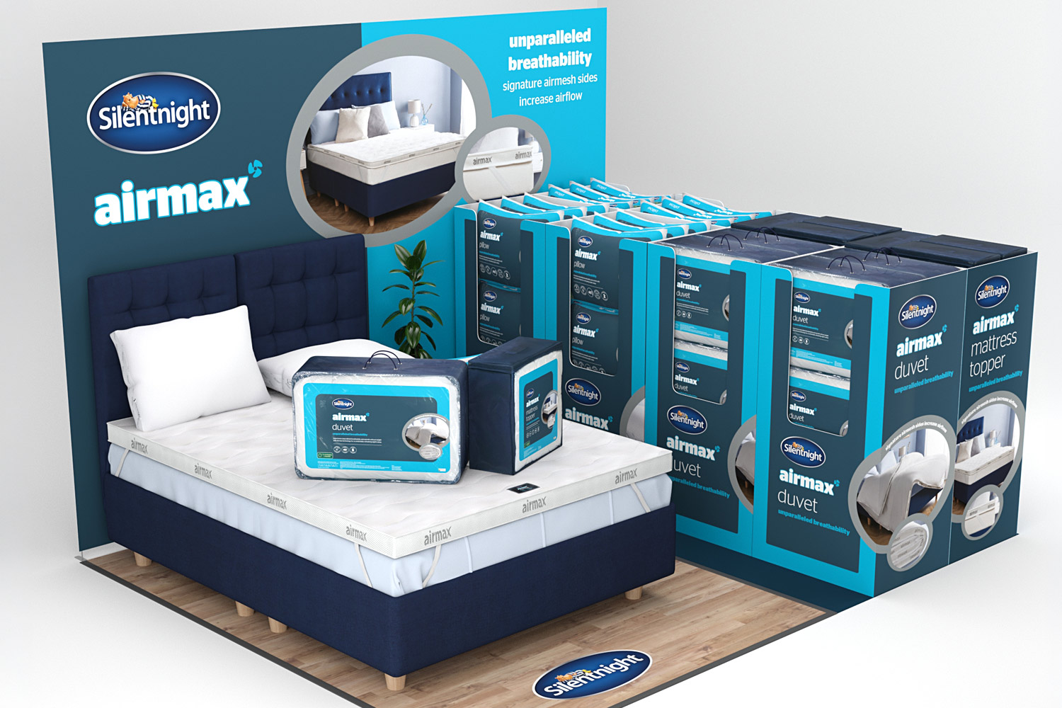 3D visual of a Silentnight Airmax concession with a bed set and duvet shippers for Costco