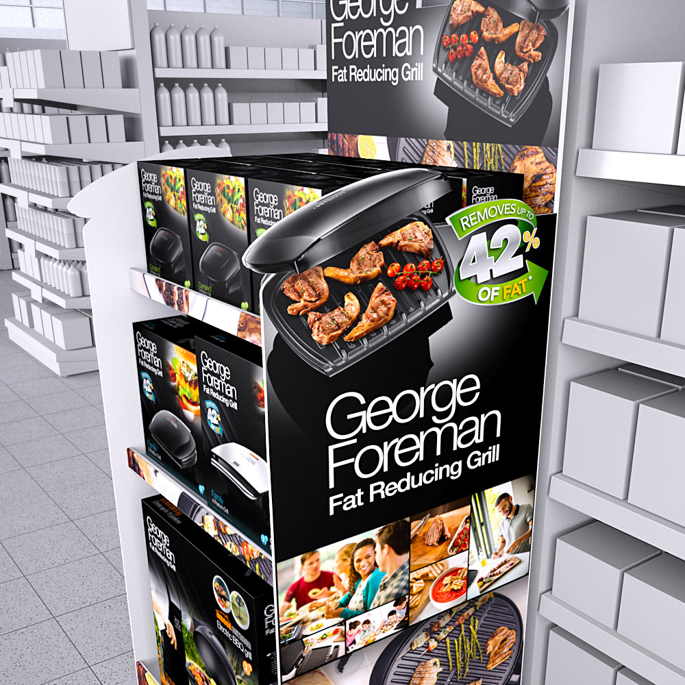 3D visual of a George Foreman Fat Reducing Grill display unit in a store aisle