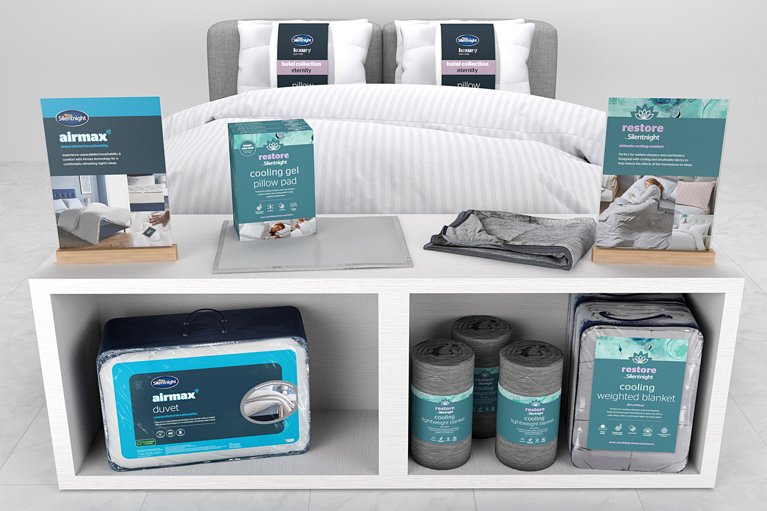 3D visual of a Silentnight Airmax and Restore bed-end display with a bed backdrop for John Lewis