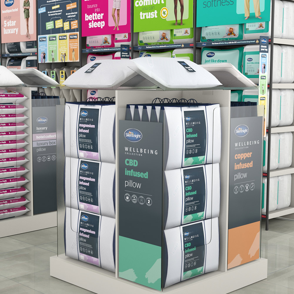 3D visual of a Silentnight Wellbeing pillow island display in a Matalan store
