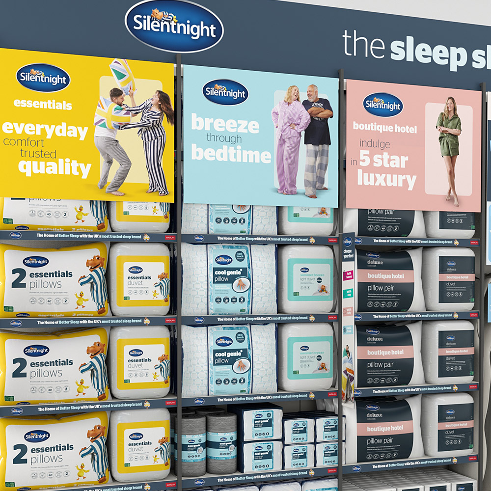 3D visual of a Silentnight sleep shop wall with Essentials, Breeze and Boutique Hotel graphics