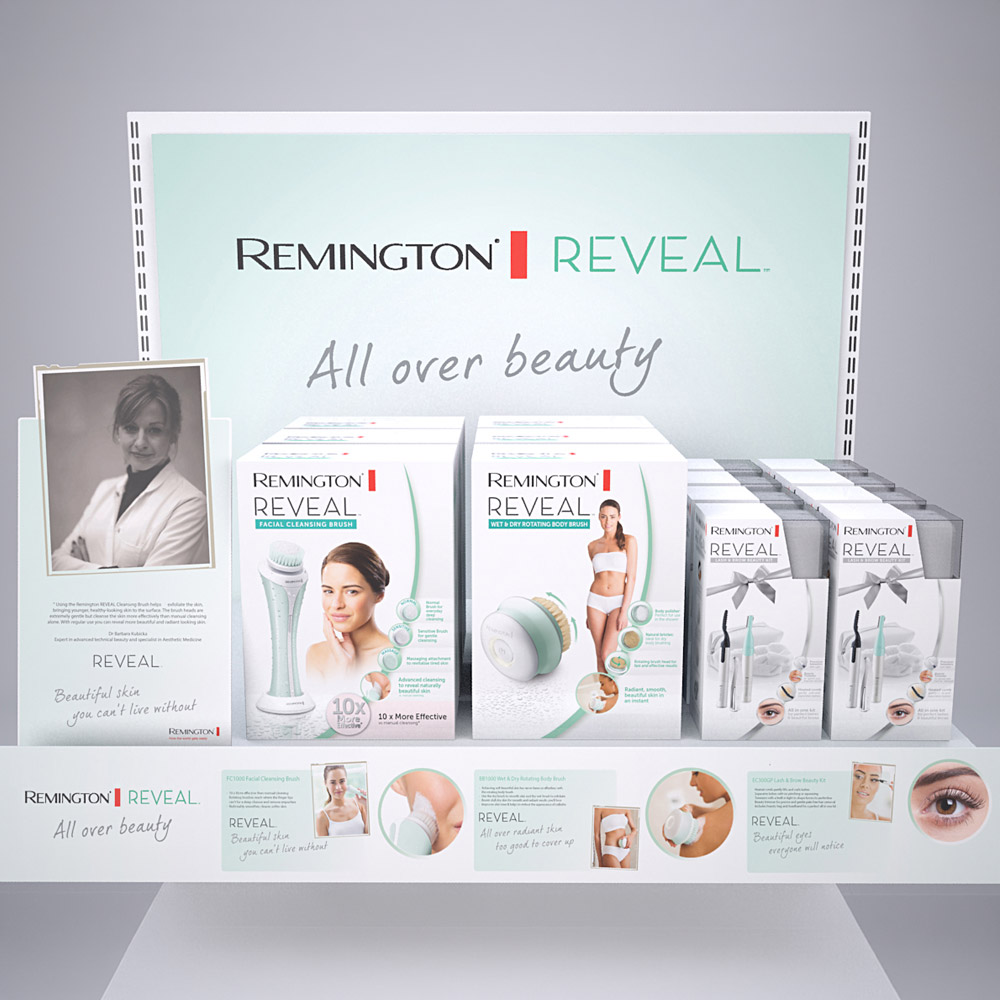 3D visual of a Remington Reveal All over beauty counter display