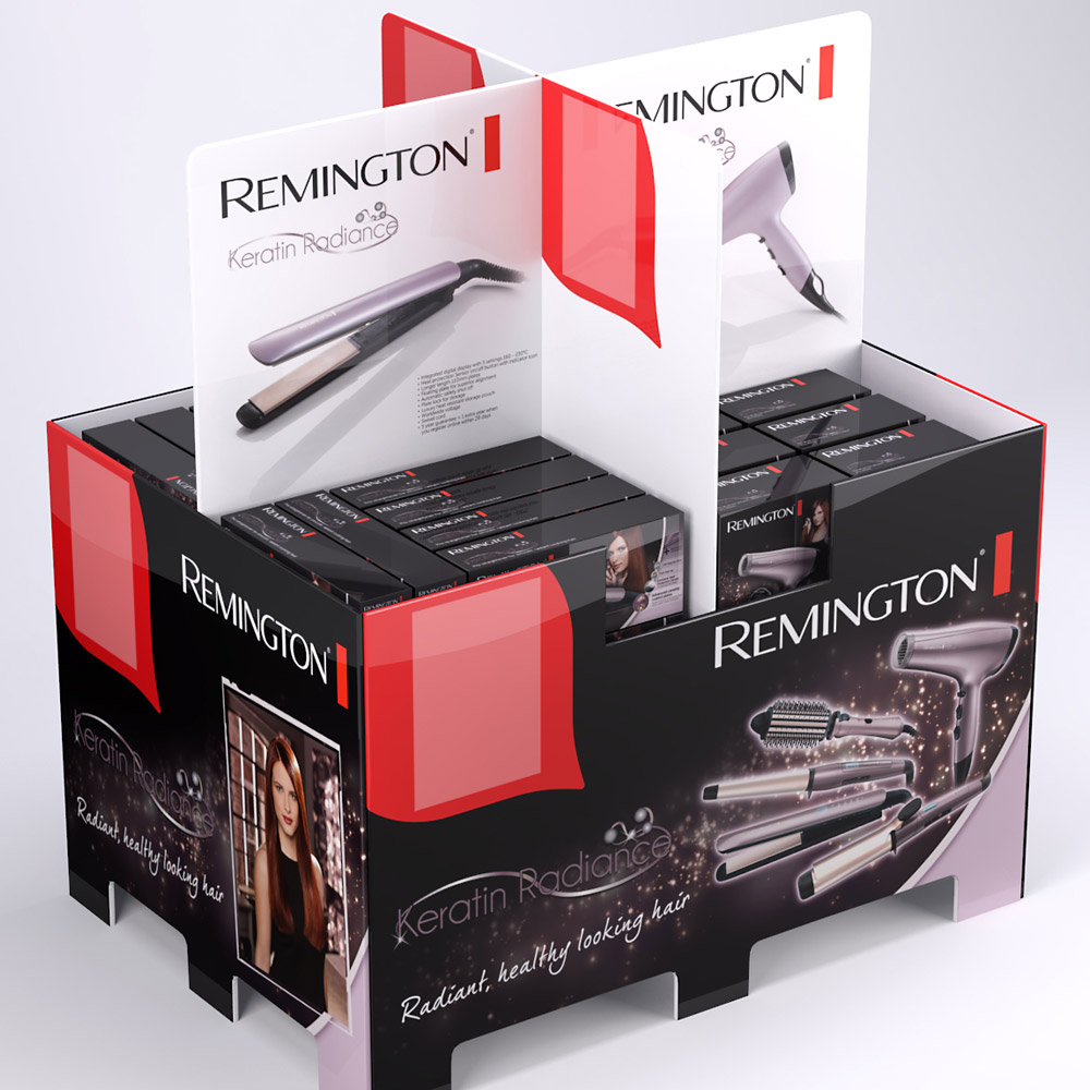 3D visual of a Remington Keratin Radiance hair styling dump bin display