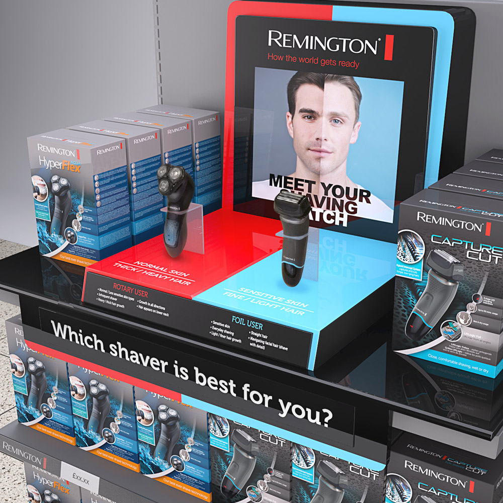3D visual of a Remington shaver shelf display asking which shaver is best for you
