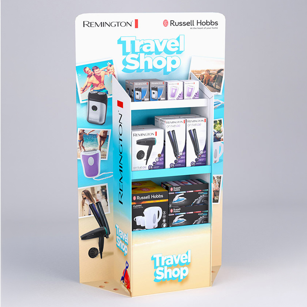 3D visual of a Remington and Russell Hobbs Travel Shop display unit